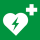 Symbolen för defibrillator, ett vitt hjärta med en blixt på grön botten.
